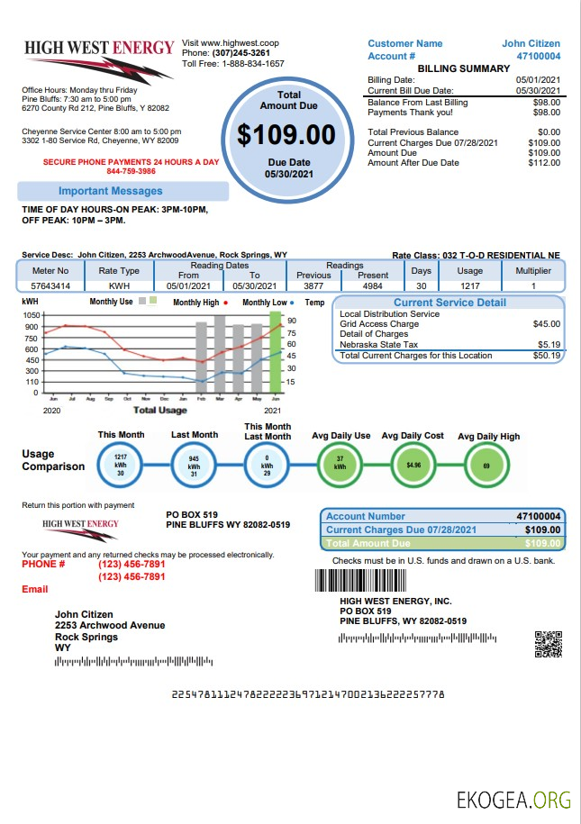 USA Wyoming High West Energy utility bill in Word and PDF format, version 2